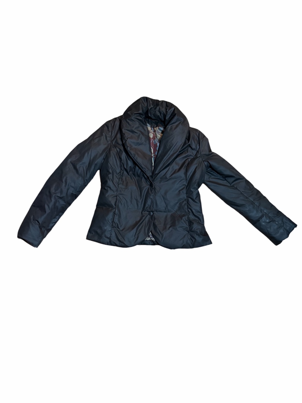 Sisley Black Down Puffer Jacket – Oversized Shawl Collar. Size Medium